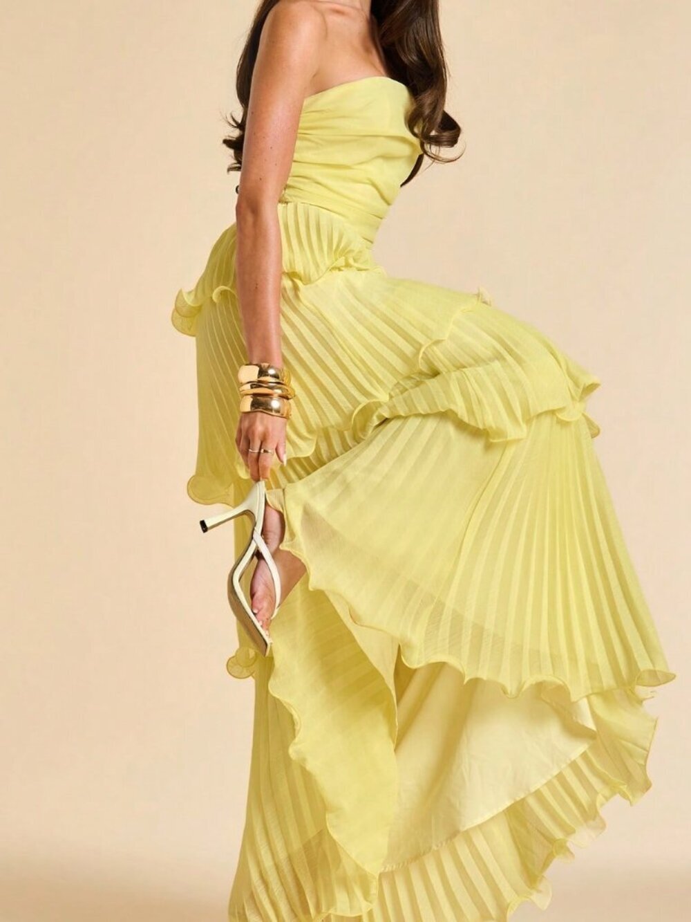 Yellow Elegant Ruffled Sleeveless A-Line Women's Dress
